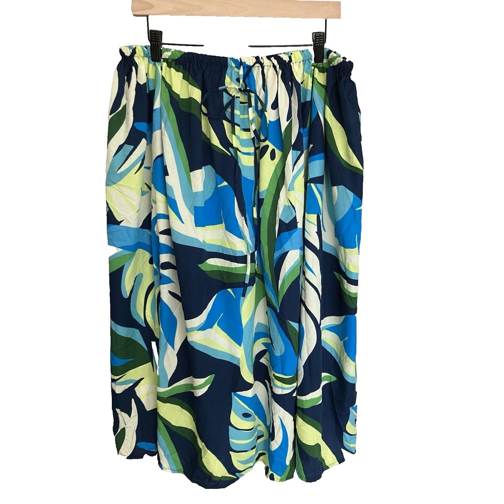 Moon Orchid Maxi Skirt XL Blue Green Tropical Print Elastic Waist Drawstring
